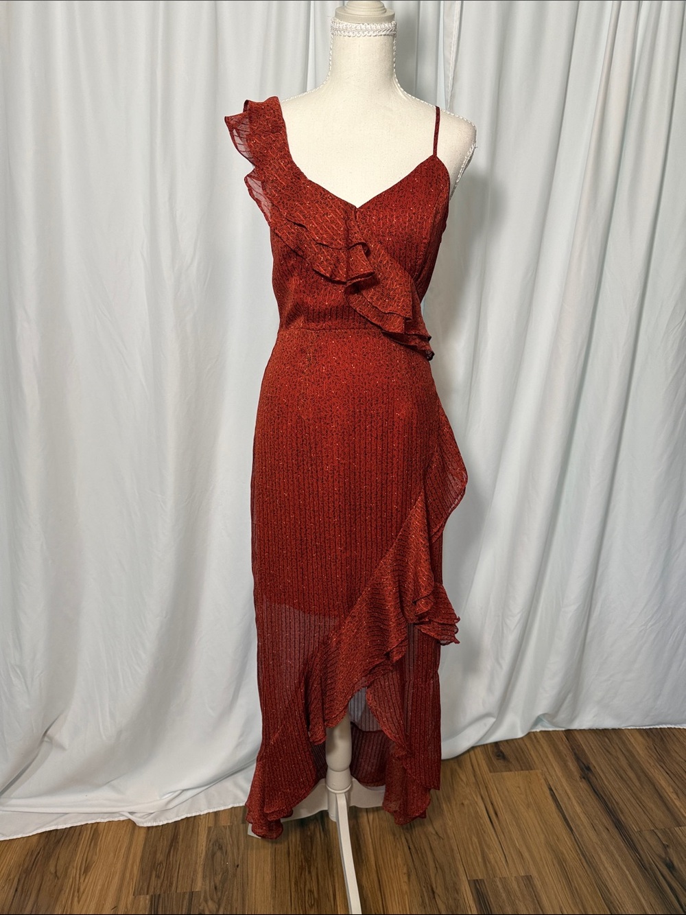 Lush Rust Red Asymmetrical High Low Ruffle Midi Dress